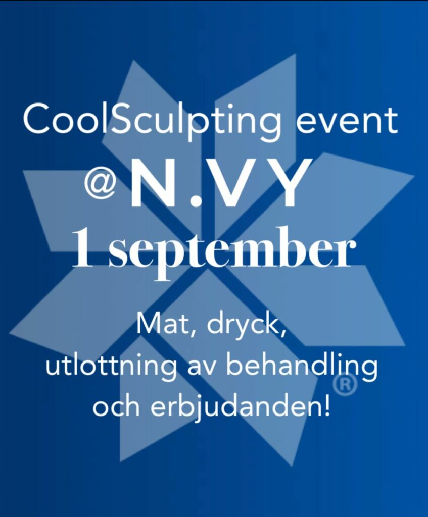 Coolsculpting-evenemangsmeddelande med datum och erbjudanden, mot en blå stjärnklar bakgrund.