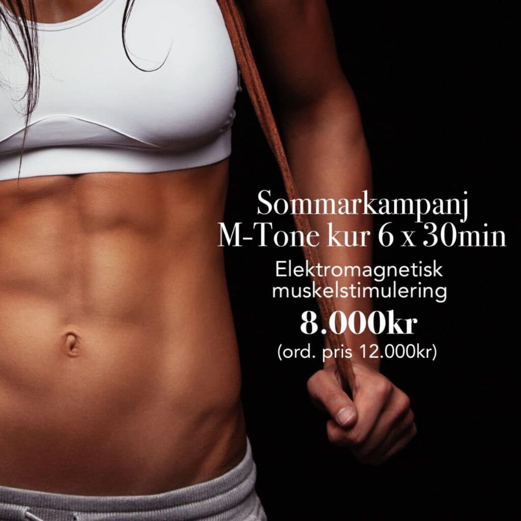 Reklam för fitnessreklam med en persons väldefinierade magmuskler med text som erbjuder en sommarkampanj om muskelstimuleringspass.