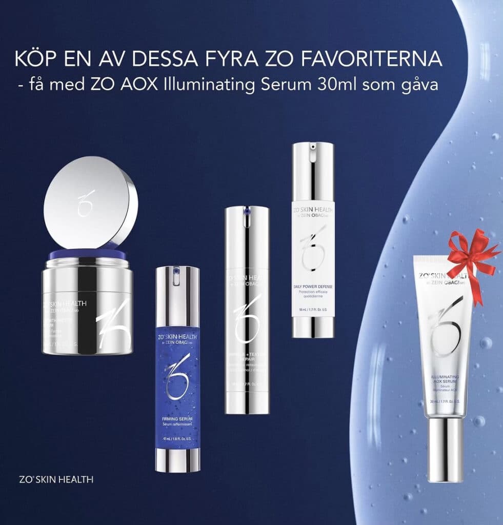 Kampanjbild av fyra zo skin health hudvårdsprodukter med erbjudande om ett gratis 30ml Aox illuminating serum som present vid köp.